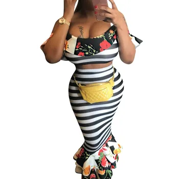 

Women Spaghetti Strap Crop Top Mermaid Skirts Suit Floral Print Two Piece Set 2019 Summer Backless Sexy Outfits