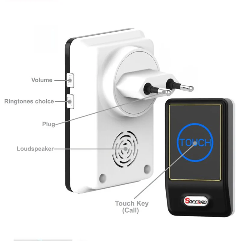 Wholesales Saful Waterproof Touch LED Door Bell EU/US Plug Wireless DoorBell kits 1 Push Doorbells Button+2 Receivers No Battery
