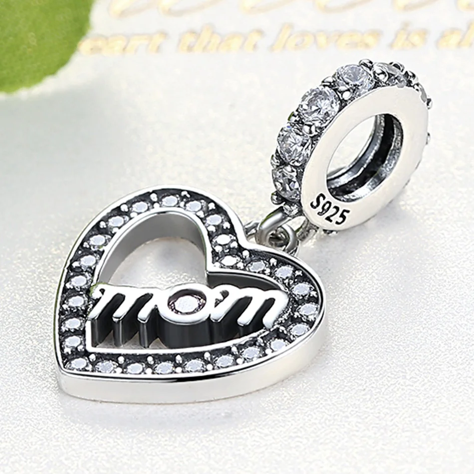 925 стерлингового серебра Mum надписи MOM Love Heart Подвески-шармы Pandora браслет Розовая Подвеска со стразами фианит DIY ювелирные изделия подарок для мамы