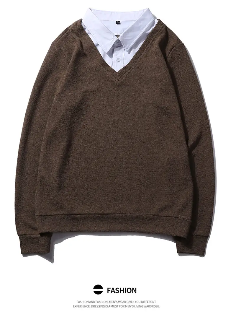2019 New Fashion Simulation 2 Sweatshirts Male Solid Hoody False 2PCS Hoodies Men Shirt Collar Autumn Spring Winter Streetwear 07