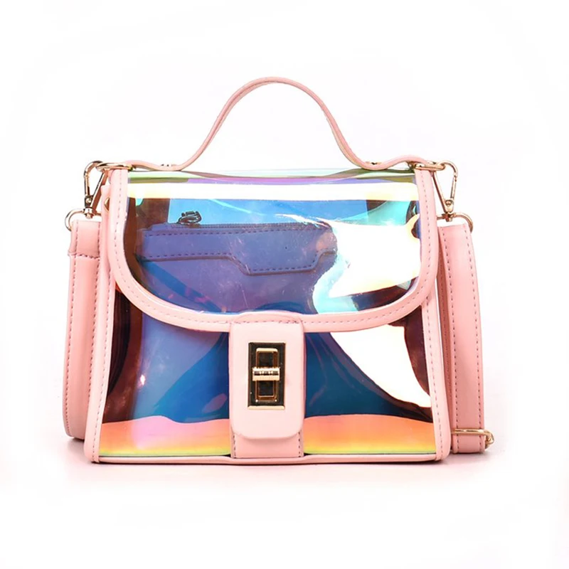 Summer Women Laser Holographic Shoulder Bag Clear PVC Transparent Jelly Small Tote Message Bag ...