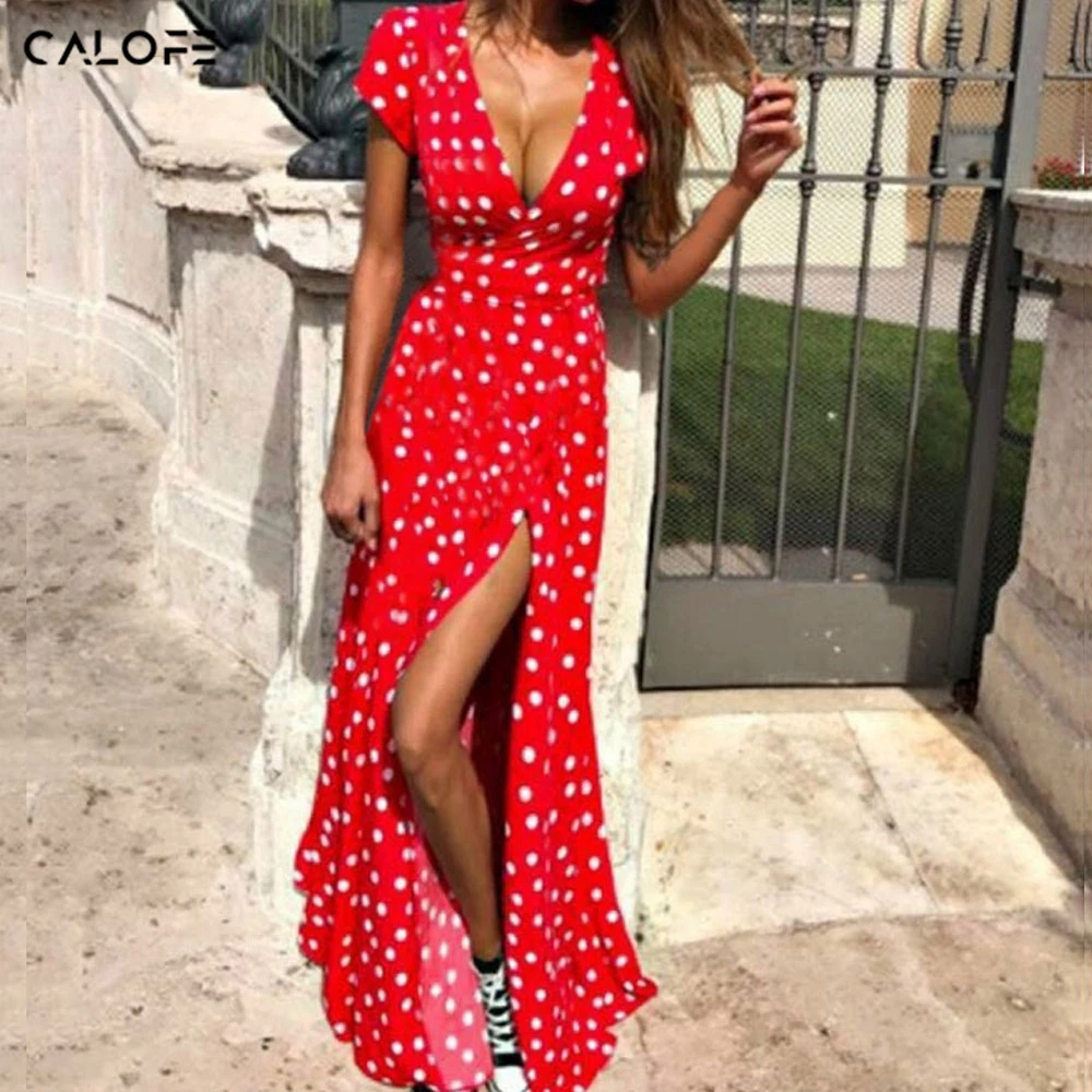 

CALOFE Women Polka Dot High Split Dress Summer Sexy V neck Boho Beach Dress Short Sleeve Sashes Maxi Long Dresses Plus Size