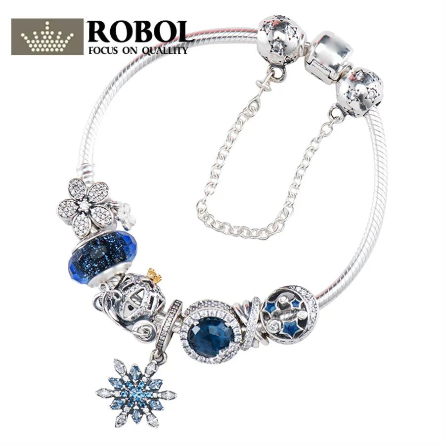 

ROBOL 100% 925 Sterling Silver Brand New 1:1 Genuine Glamour Night and Star Shine Snowflake Bracelet Set Elegant Temperament Set