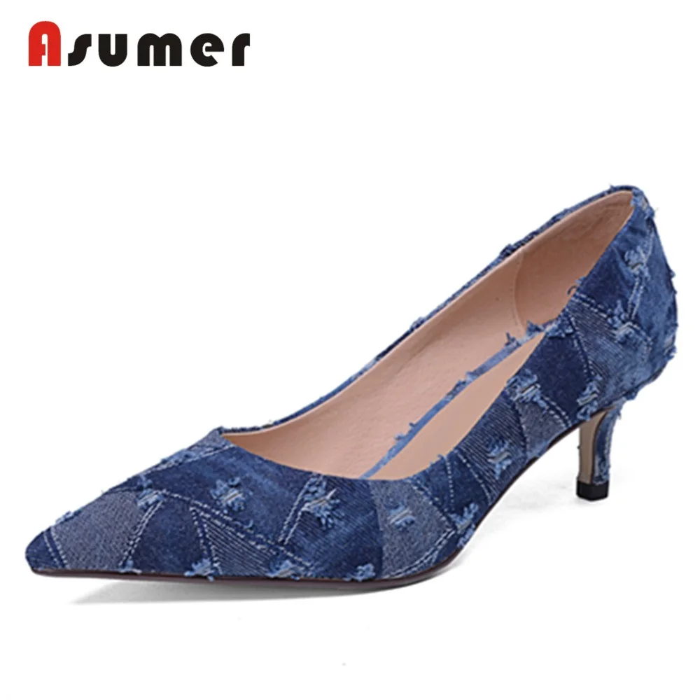 

ASUMER BIG SIZE 34-42 2018 HOT fashion denim pumps women thin high heels pointed toe shallow summer shoes party casual shoes