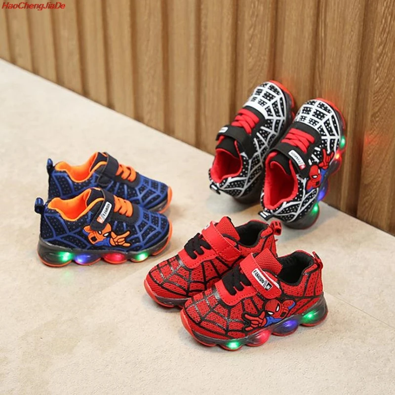 

Spiderman Kids Led luminous Shoes for boys girls Light Children Luminous baby Sneakers mesh sport Boy Girl Led Light Shoes