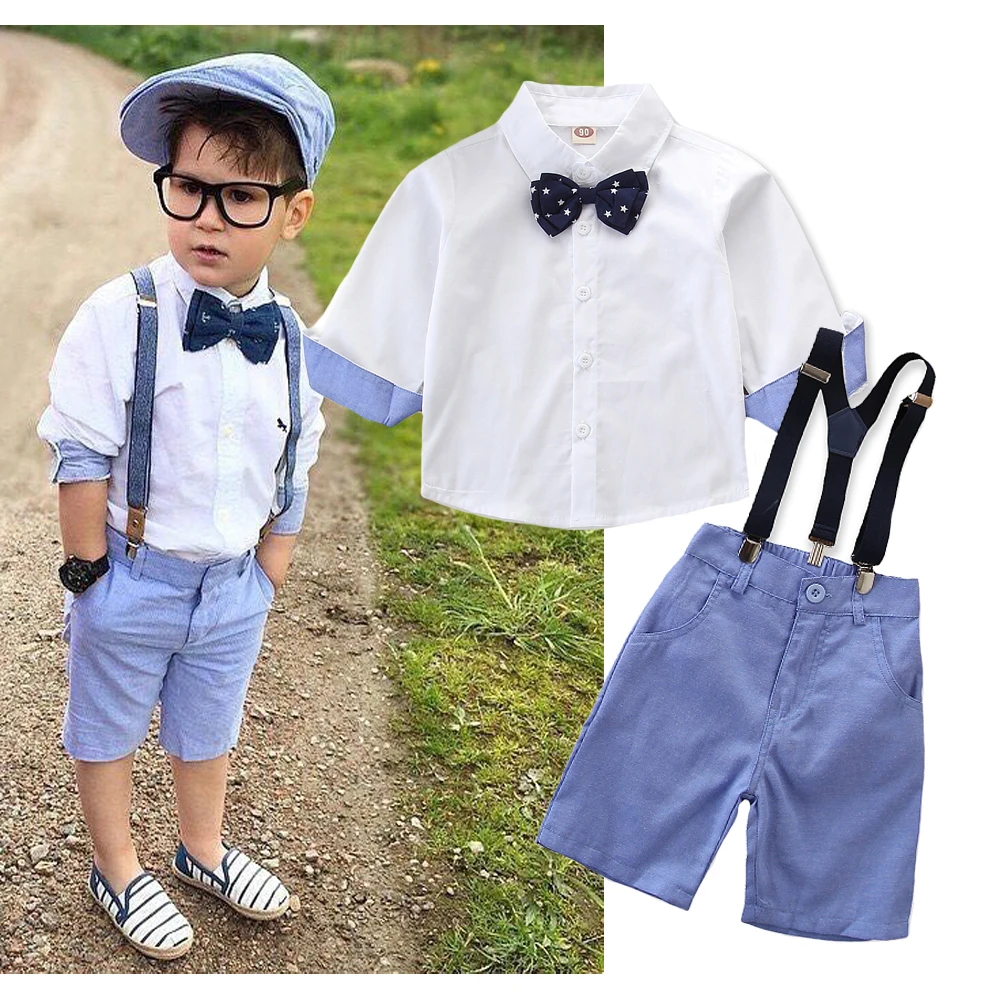 

Puseky Baby Boy Party Gentleman Suit Set Shirt Bow Tie Overalls Outfit Clothes Baby Kid Boy Child Clothing Set Wedding 2-7Y