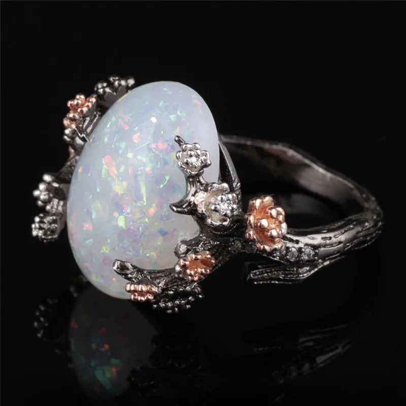 

BOAKO 2018 New Tree & Flower Ring Jewelry Black Gold Filled Romantic Big White Fire Opal Rings for Women Dropship anillos mujer