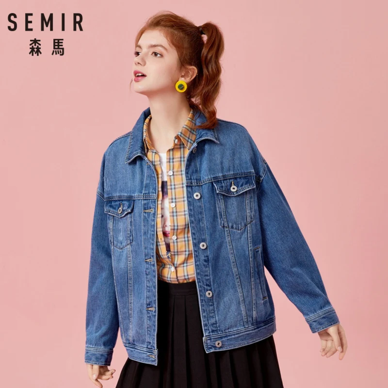 SEMIR Women 100% Cotton Oversized Denim Jacket with Collar Boyfriend Denim Jacket with Chest Pocket and Slant Pocket Chic Style