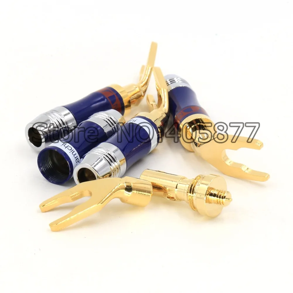 

8pcs Gold Plated Copper Spade Fork plug Speaker Screw Lock Connector