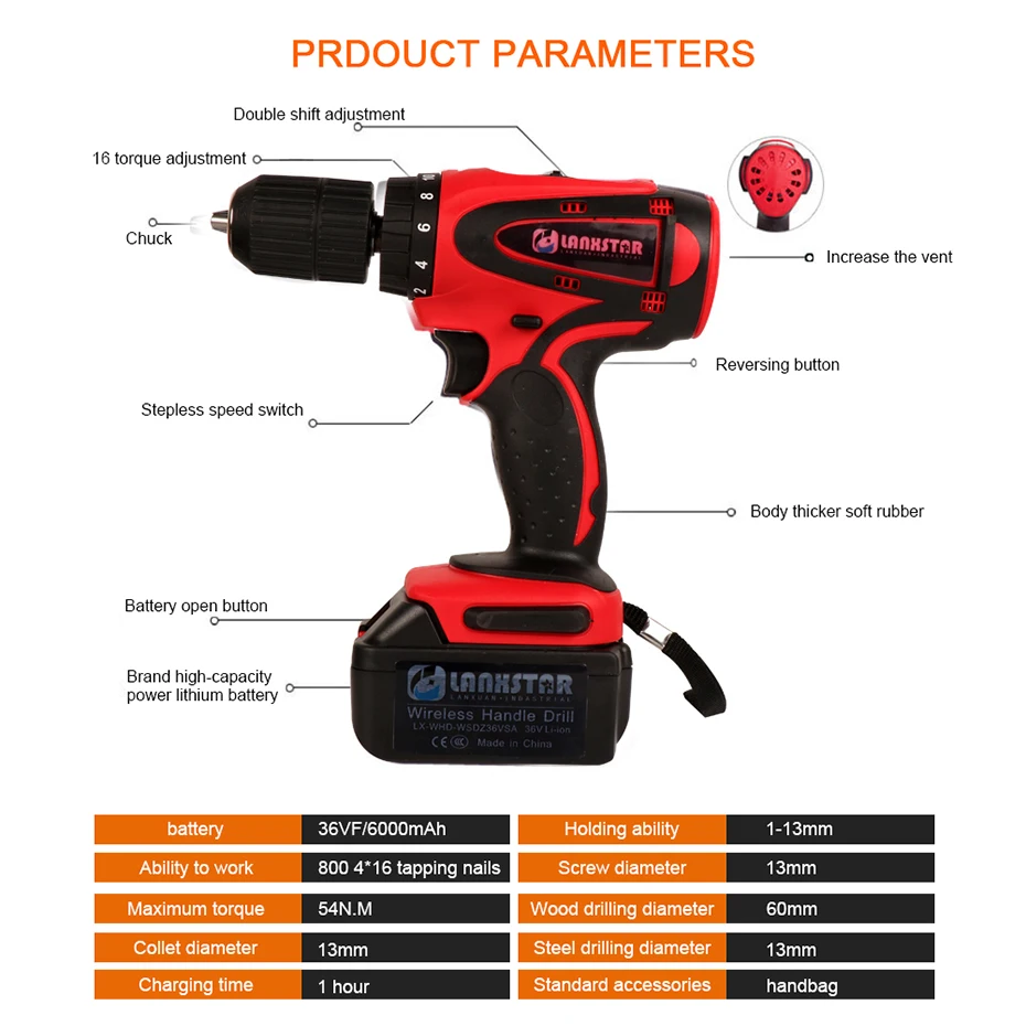 Lanxstar 36V Перезаряжаемые Батарея отвертка дрель высокого Мощность промышленный Класс литиевые батареи двойной Скорость крутящий момент дрель