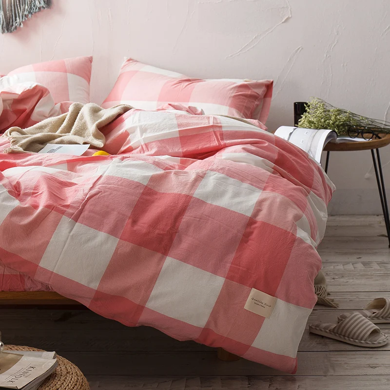 

Pink White Plaid Pattern Bedding Set Cotton 3/4pcs Family Set Include Bed Sheet Duvet Cover Pillowcase Room Decoration Bedspread