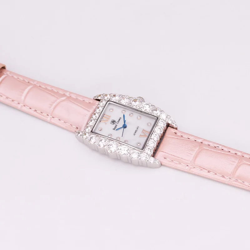 Королевская корона женские часы мov из Японии не установка Кристальные часы изысканное модное платье браслет кожаный роскошный Винтажное кольцо коробка - Цвет: Розовый