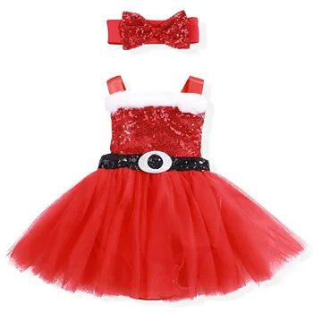 

Oklady Christmas Dress Newborn Baby Girl Sequin Santa Claus Tutu Dress + Cute Bowknot Headband Skirt Set
