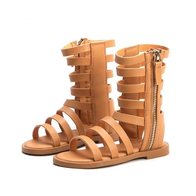 

New 2019 Summer Girls Sandals Open-toed Long Zip Gladiator High Sandals Size 21-30 Baby Toddler Girl Sandals Black/Brown