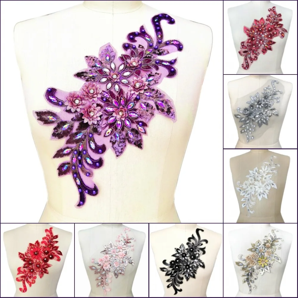 

10 color 19x38cm 3D Lace Floral Beaded Rhinestones Crystals Appliques Patches For Sewing diy Wedding Dress Accessories Designers
