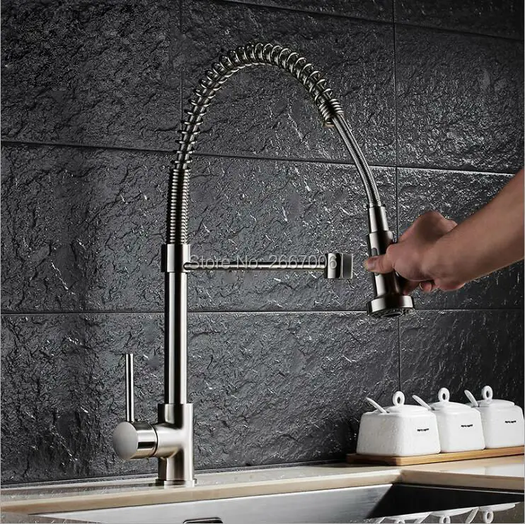 Free shipping High Quality Brushed Nickle Brass Spring Kitchen Faucet Two Spouts Pull Out Deck Mounted Mixer Tap ZR660 | Обустройство
