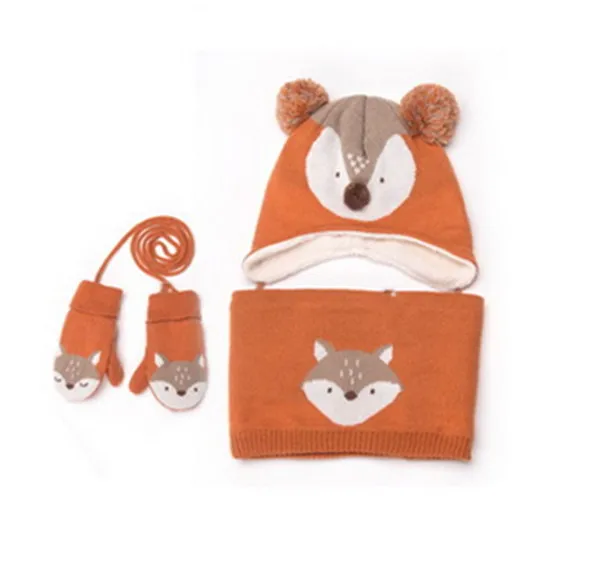 Новинка года, зимняя детская теплая плотная шапка, шарф, перчатки, комплект из 3 предметов, вязаные детские вязаные шапки, шапки, теплые перчатки для мальчиков и девочек - Цвет: orange 3pcs