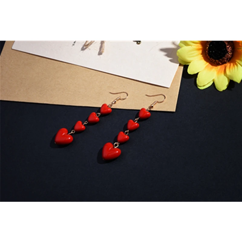 E0433 Korean Style Love Heart Pendant Long Tassel Earrings Red Peach Heart Drop Earrings For Women Girls Best Gift Wholesale - Image 3