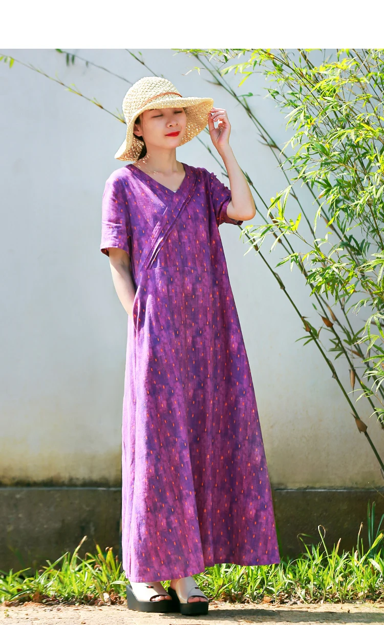 LZJN V-Neck Short Sleeve Dresses New Women High Waist Vintage Purple Color 2019 Summer Cotton Linen Maxi Pockets Dresses (12)