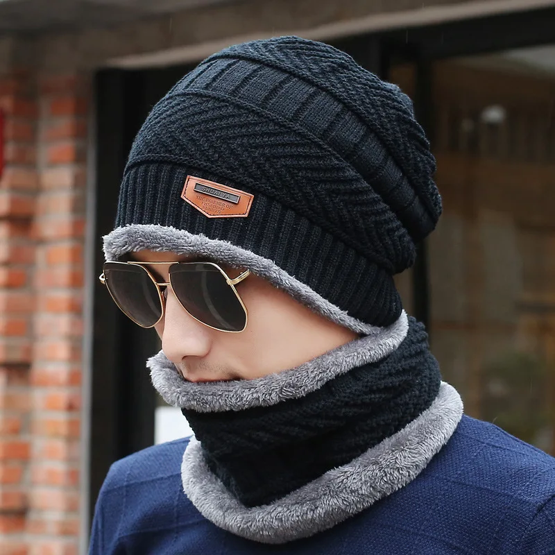 Шапка мужская зимняя в Корейском стиле плюс бархатный теплый шерстяной вязаный шарф Baotou хлопковая шапка ветряная бандана Толстая шапка шарф набор - Цвет: Black