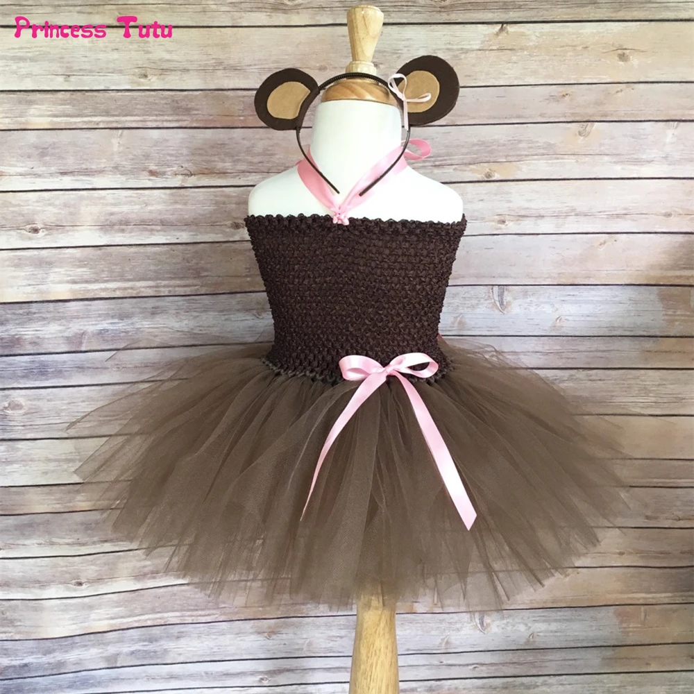 Коричневая обезяна, платье-пачка с повязкой на голову, детское платье с хвостом, костюм с животными для детей, платье для сцены для девочек на Хэллоуин