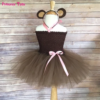 

Brown Monkey Tutu Dress with Headband Tail Children Dress Up Animal Costume for Kids Girls Performance Halloween Party Dresses