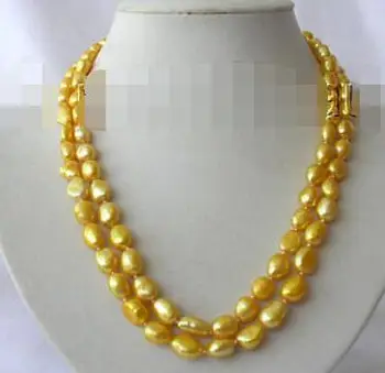 

stunning 18" 2rows 9-10mm baroque gold freshwater cultured pearl necklace h750