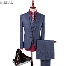 MEETBUD Fashion brand men suit for wedding business casual slim fit party host prom blue men suits dress (jacket+pants+vest)