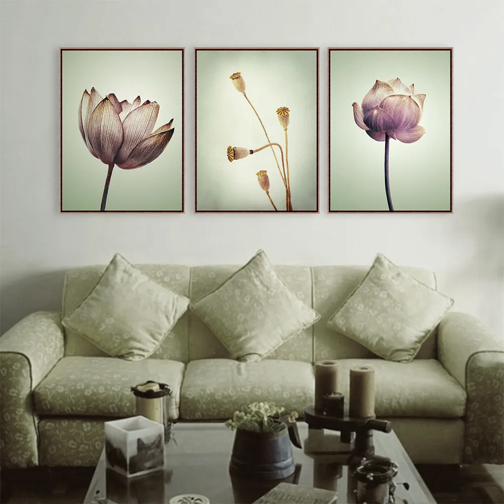

Triptych Modern Minimalist Purple Lotus Rural Floral Cottage A4 Art Prints Poster Nature Wall Picture Canvas Painting Home Decor