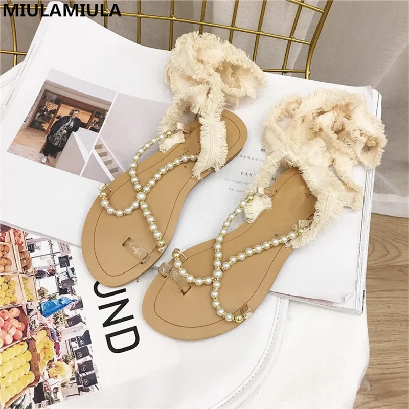 

MIULAMIULA Brand Designer 2019 Summer New Luxury Pearl String Bead Cross Tie Woman Flat Sandals Clip Toe Lady Shoe Buckle Beach