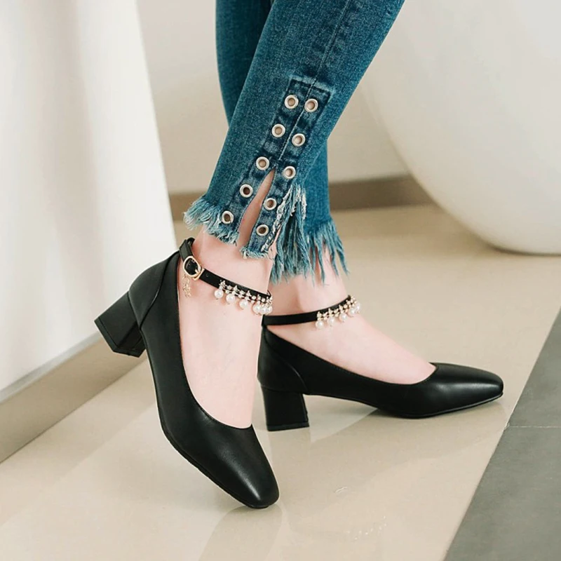 Fashion Women Heels Shoes Pumps  Buckle Thick High Heels Single Ladies Heels