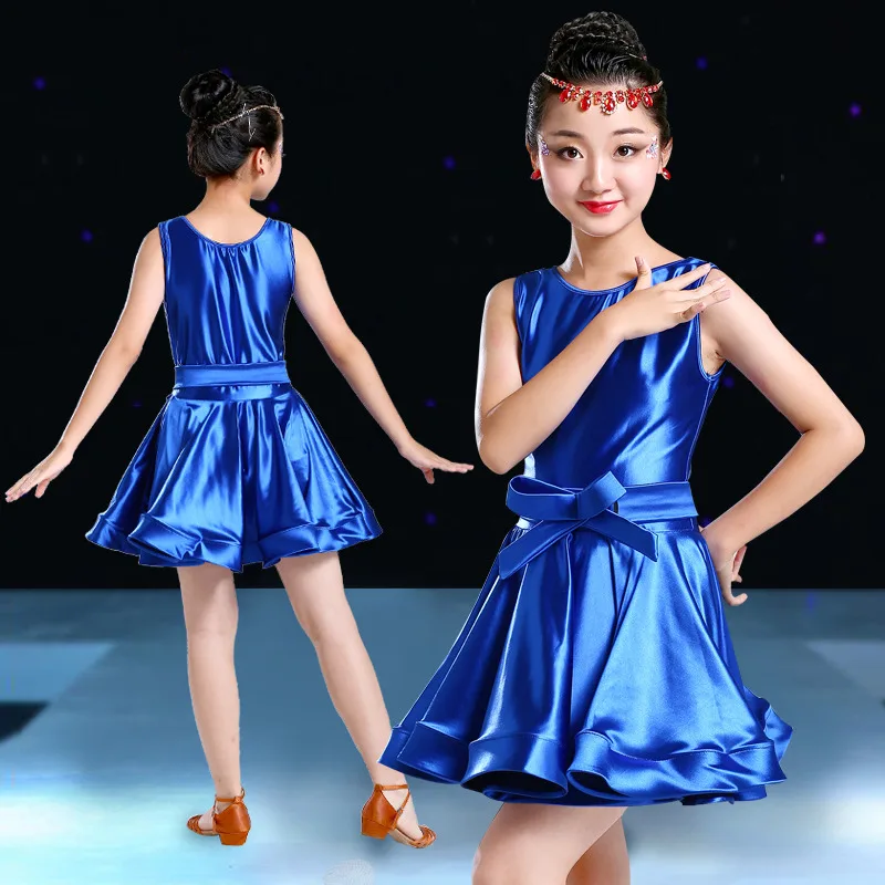 Одежда для латинских танцев, танцевальная одежда, платье для соревнований, танго, Фламенго, Бальные, сальса, Румба, ча-ча, для девочек, Детский костюм - Цвет: blue sleeveless