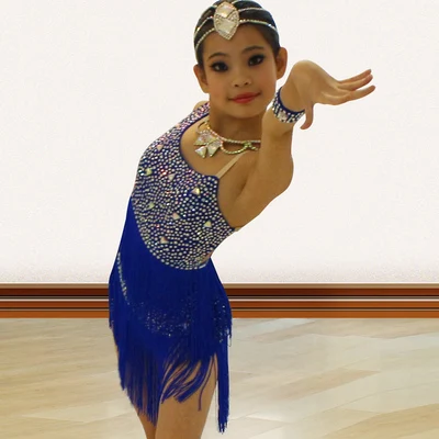 Модное сексуальное платье для латинских танцев для девочек samba, детские платья cha для девочек, костюмы для соревнований, бальных танцев, 4 цвета - Цвет: Синий