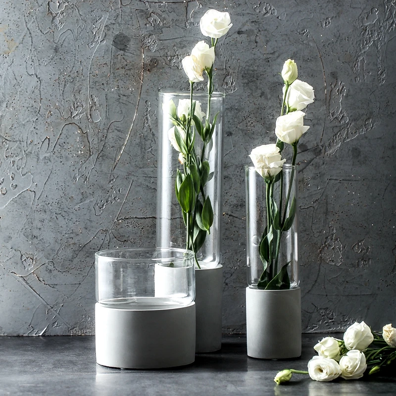 

Cement Base Glass Storage Jar Scandinavian Vogue Elegance Transparent Desk Storage Bottle Organizer Flower Container Decor Home