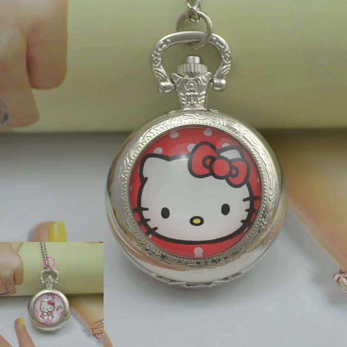 Модные карманные часы hello kitty, ожерелье, женские брелоки, часы hellokitty, черные круглые выпуклые линзы, стеклянная для фотографии, милая леди