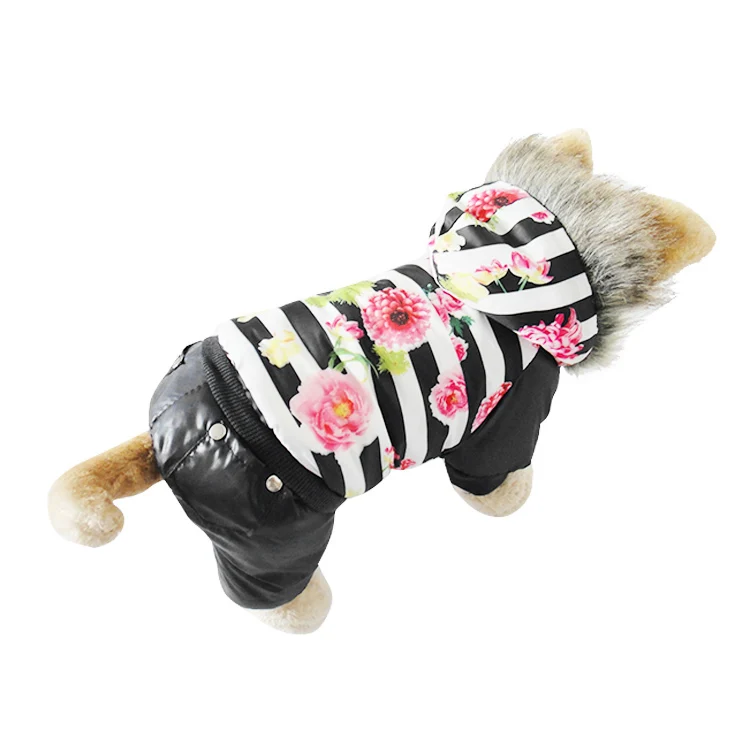 Black Flower Autumn Winter Pet Dog Clothes Warm Cotton Dog Coat Jackets Sport Style Puppy Hooded Clothing For Small Medium Dogs