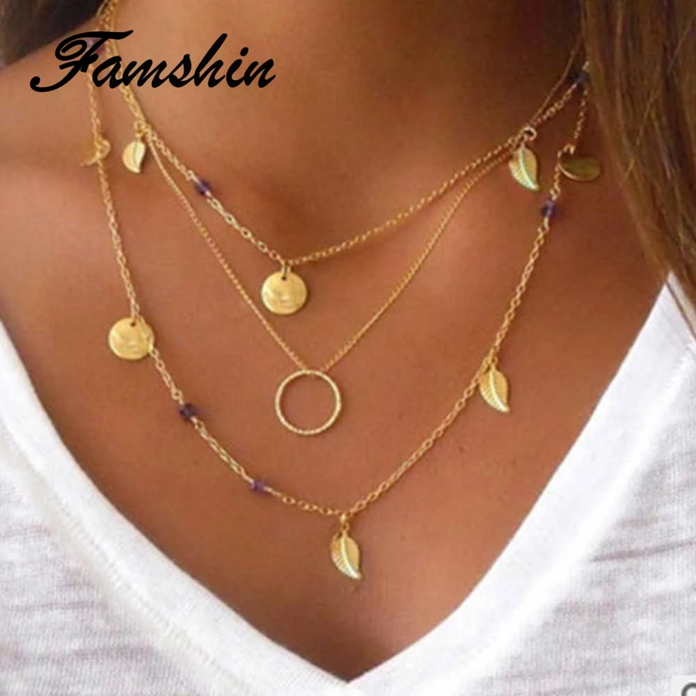 FAMSHIN Bohemia Gold Color Chain Leaves MultiLayer Choker Necklace for Women Collier Femme Fashion Jewelry Party Gifts 2018 NEW | Украшения