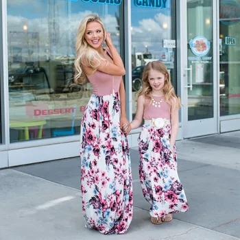 

Mommy and Me Matching Mum Mother Daughter Baby Clothes Family Look Pajamas Floral Behemian Long Clothing Mom and Daughter Dress