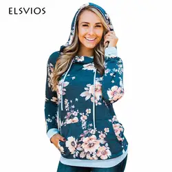 ELSVIOS Лидер продаж для женщин толстовки пуловер Мода 2017 г. с цветочным принтом кофты повседневное длинным рукавом шнурок капюшоном