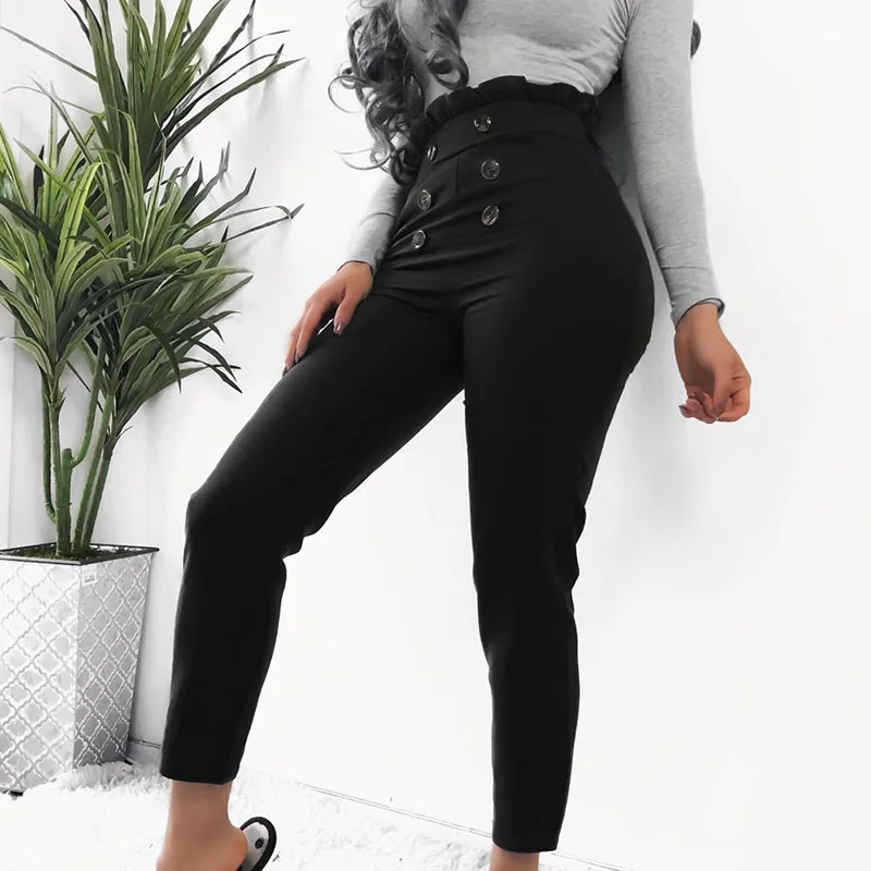 

Women Casual Solid Lace Buttons European&American Style Long Pencil Pants Female Sexy Slim Elasticed Waist Trousers SJ2367U