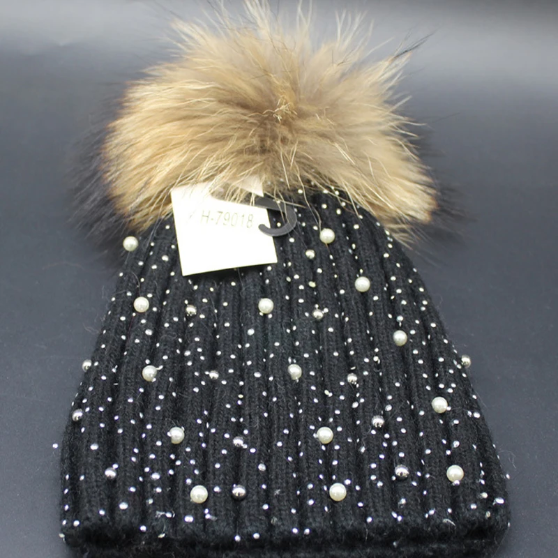 Шапка с помпонами из меха норки и лисы зимняя женская шапка шерстяная для девочек
