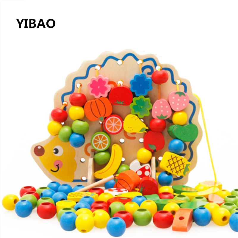 

82PCS Wooden Fruit Vegetable Lacing Stringing Beads Toys with Hedgehog Board Children's Montessori Educational Toy Gift for Kids