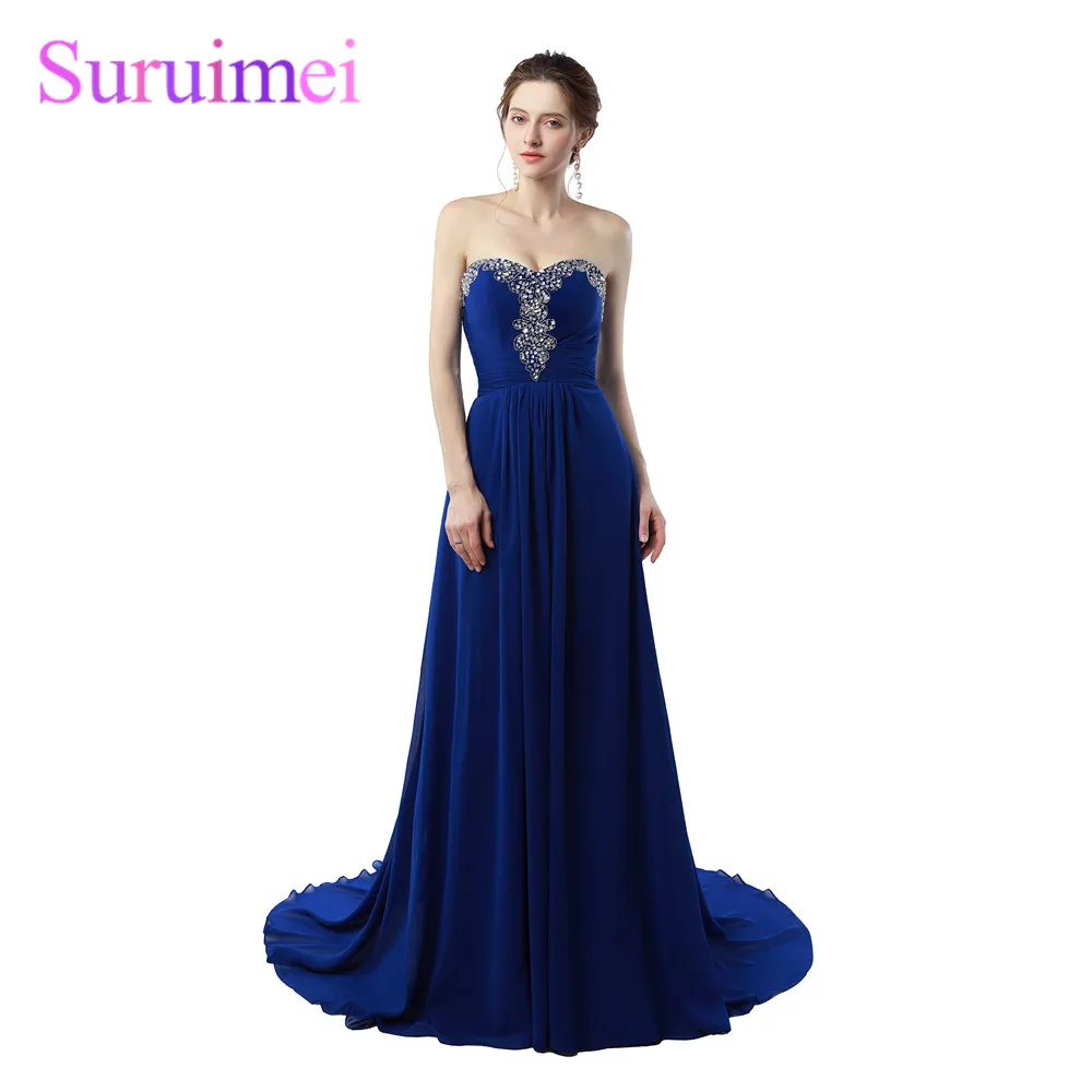 100 Real photos Dark Royal Blue Chiffon Grace Evening Dresses 2018