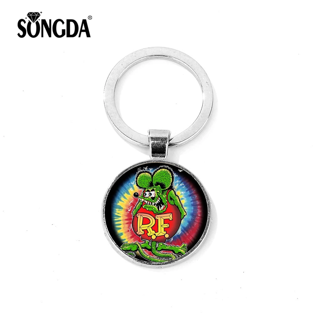 

SONGDA Hippie America Classic Cartoon Tales of the Rat Fink Keychain Fashion Pattern Glass Cabochon Pendant Metal Car Key Chain