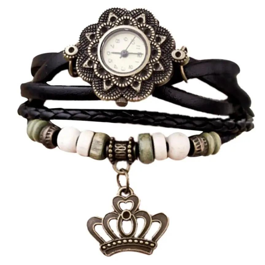 

Superior Quartz Weave Around Leather Crown Bracelet Lady Woman Wrist Watch July 18 *