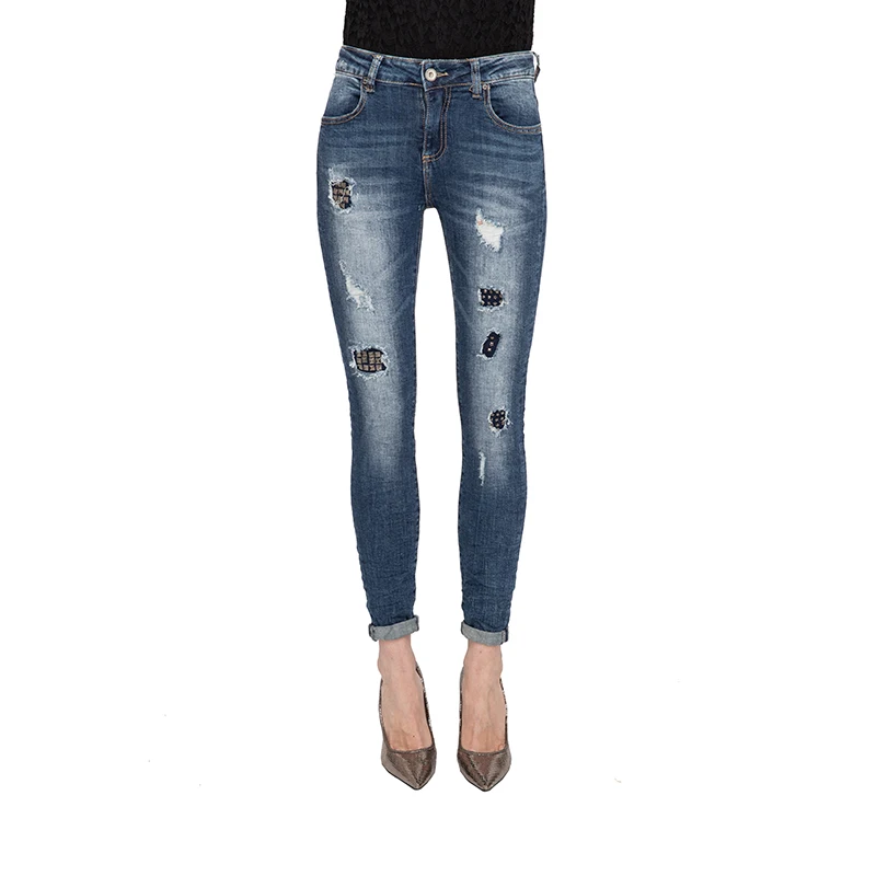 

My will jeans Mid-rise, high-elastic jeans, shredded patch with rivets, denim fashion made in china