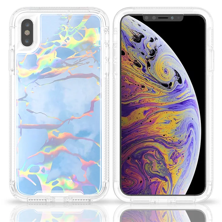 Модный мраморный лазерный чехол для телефона iPhone XS MAX XR X 6s 6 7 8 Plus PC+ TPU 360 Полный Корпус противоударный прозрачный чехол