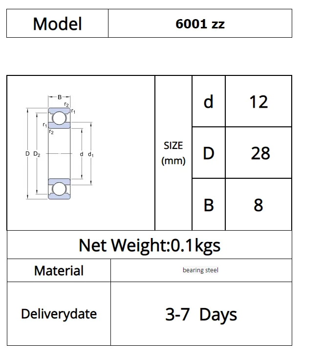 10 шт. 6001-2Z 6001ZZ 6001zz 6001 Zz радиальные шарикоподшипники 12X28X8 мм Высокое качество