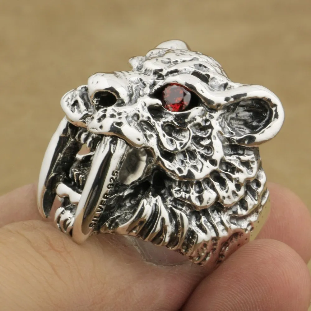 Linsion стерлингового серебра 925 Красный CZ глаз саблезуб кольцо мужские Байкер в стиле панк-рок Тигр кольцо ta17 нам Размеры 7~ 15