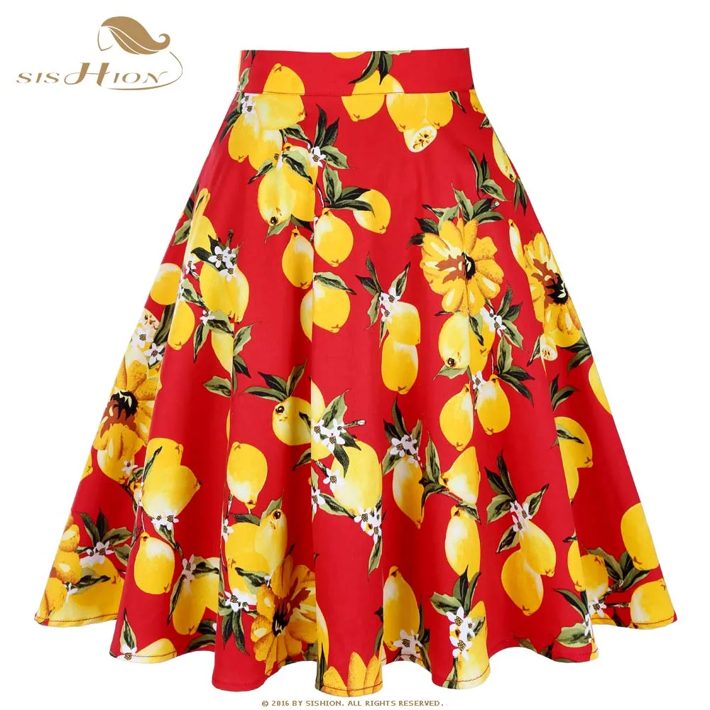 SISHION дизайн для женщин юбка высокая Талия хлопок зеленый черный в горошек красного цвета цветочный 50 s 60 ретро качели Винтаж Летняя - Цвет: Red Lemon